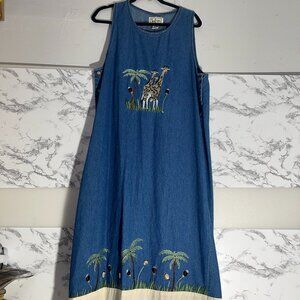 Vtg Tantrums women’s denim Jumper XL Sleeveless embroidery africa Giraffe